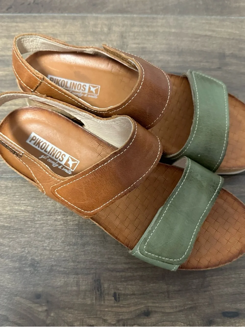 PIKOLINOS Brown and Green Leather Adjustable Slingback Sandals size 6.5 - Picture 3 of 12